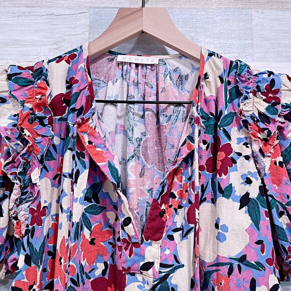 KARLIE Linen Floral V Neck Ruffle Top Pink Half Sleeve Casual Womens Medium - Picture 2 of 8